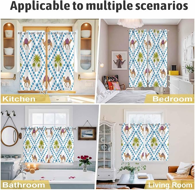 2 Panel Kitchen Cafe Curtains, Camels Palm Trees Sunlight Filtering Nature Air Through, Home Decor Window Covering Tier Curtains for Living Room 104W x 52L inch Tropical Desert Animal Plants Polka Dot