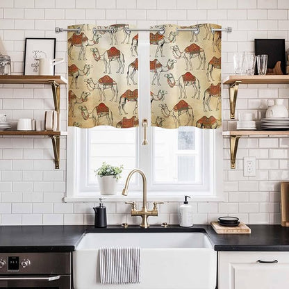 2 Panel Kitchen Cafe Curtains, Desert Sand Camel Sunlight Filtering Nature Air Through, Home Decor Window Covering Tier Curtains for Living Room 55W x 39L inch Summer Tropical Animals Vintage Beige