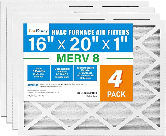 LotFancy 16x20x1 Air Filter MERV 8 4-Pack, Electrostatic Pleated Furnace & AC Filter, Captures Dust, Pet Hair, Pollen, Actual Size: 15.75"x19.75"x0.75