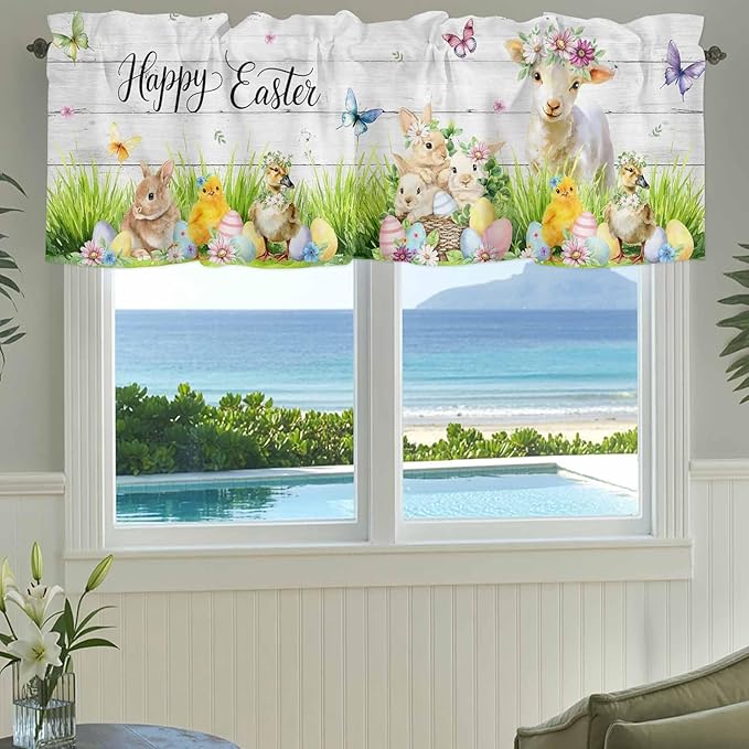 Easter Curtain Valances for Windows, Kitchen Valance Window Treatment, Spring Sheep Bunny Duck Plants Wooden Grain Light Filtering Block Curtains for Bathroom/Bedroom/Living Room 42'' x 12''