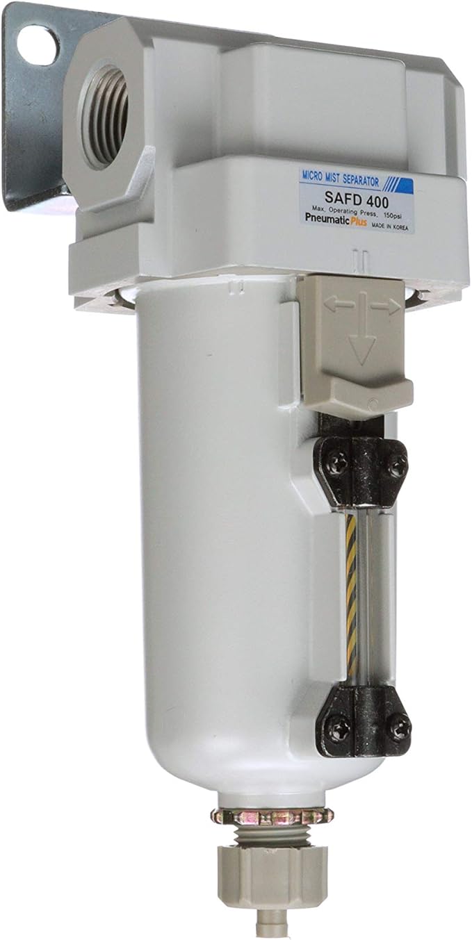 PneumaticPlus SAFD400-N04B-MEP Compressed Air Coalescing Filter, 0.01 Micron 1/2" NPT - Metal Bowl, Manual Drain, Bracket