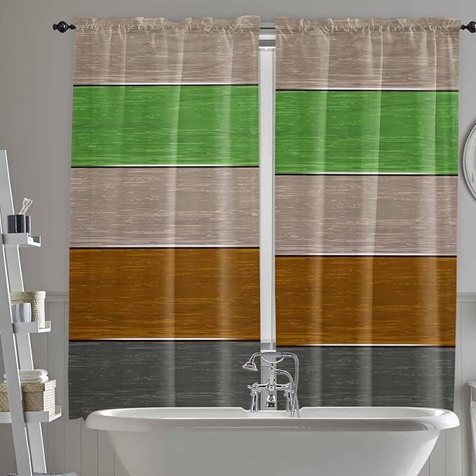 Farm Gray Green Brown Wood Grain Window Valance Curtains, Rustic Wooden Plank Light Filtering Kitchen Valance with 3-inch Rod Pocket for Living Room Bathroom Bedroom,2 Panel,52x72In