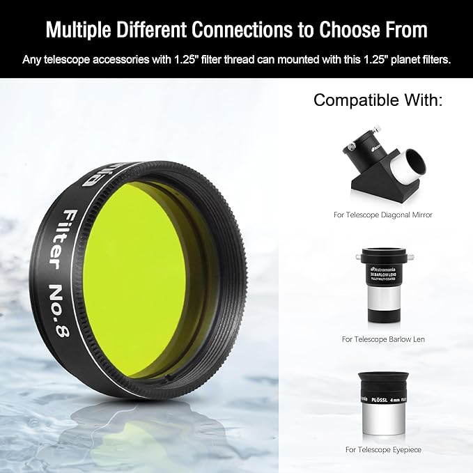 Astromania Telescope Filter, Planetary Filter with Metal Frame for Astronomical Telescope Eyepiece, 1.25 Inch Telescope #8 Yellow Color Filter for Enhancing Contrast in Lunar Planetary Observation