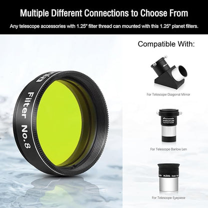 Astromania Telescope Filter, Planetary Filter with Metal Frame for Astronomical Telescope Eyepiece, 1.25 Inch Telescope #8 Yellow Color Filter for Enhancing Contrast in Lunar Planetary Observation
