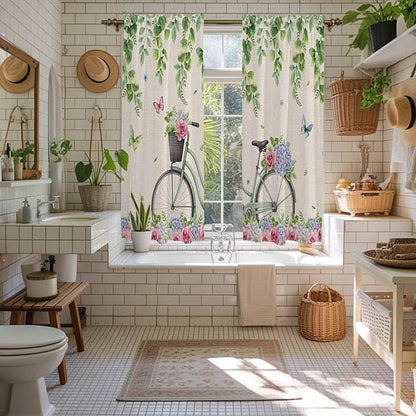 Farmhouse Spring Kitchen Curtains, Retro Bicycles Flowers Vines Butterfly Light Filtering Window Curtain Panels, 2Pcs Rod Pocket Window Treatments Set for Living Room Bathroom Bedroom 42x63 Inches