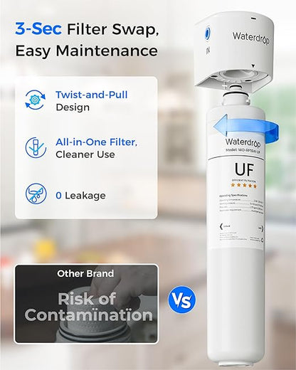 Waterdrop 15UBW-UF 0.01 μm Ultra Filtration Under Sink Water Filter System, Reduces Lead, Chlorine, Bad Taste & Odor, 2 Years, with Dedicated Brushed Nickel Faucet, USA Tech