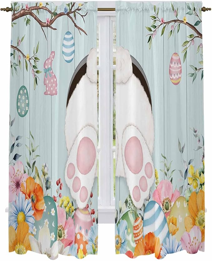 Easter Bunny Window Curtains 72 Inch Long 2 Panel Set,Rod Pocket Long Curtains & Drapes,Easter Eggs Spring Farmhouse Wood Grain Teal Blue Light Filtering Window Treatment for Bedroom 52"W x 72"L