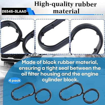 4-Pack 26345-3LAA0 Oil Filter Housing Gasket, Compatible with 2018-2020 Kia, Telluride 2020-2024 3.8L, Hyundai Genesis Palisade 3.8L Engine.Replaces 26345-3LAA0