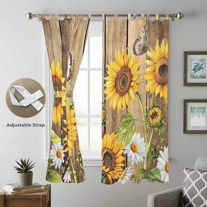 Farmhouse Sunflowers Living Room Curtains 96 Inch Length, Window Curtains Tab Top, Rustic Floral Buttterfly Wood Board Brown Light Filtering Window Treatments Drapes 52"x96" 2 Panel