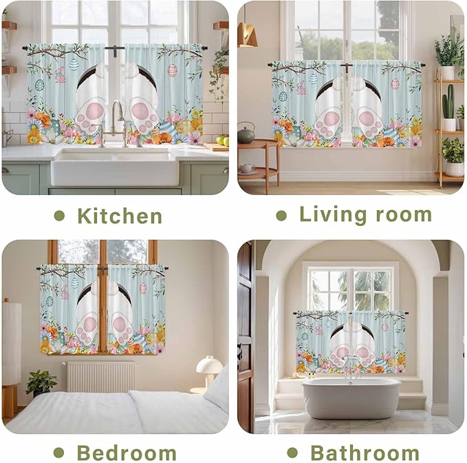 Easter Bunny Kitchen Curtains 54 Inch Long 2 Panel Set,Rod Pocket Window Curtains Panels,Easter Eggs Spring Farmhouse Wood Grain Teal Blue Light Filtering Privacy Draperies for Bedroom 42"W x 54"L