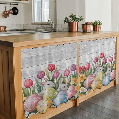 Easter Kitchen Tier Curtains 36 Inch Long 2 Panel Set,Rod Pocket Half Window Curtains Over Sink,Retro Spring Bunny Eggs Tulip Farm Wooden Grain Light Filtering Short Drapes Cafe 27.5"W x 36"L