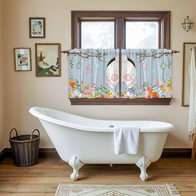 Easter Kitchen Tier Curtains 24 Inch Long 2 Panel Set,Rod Pocket Cafe Small Window Curtains Over Sink,Spring Watercolor Bunny Eggs Flower Wood Grain Blue Light Filtering Short Drapes 27.5"W x 24"L