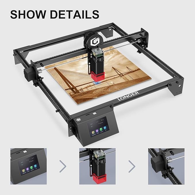 Longer Ray5 Laser Engraver, 10W Laser Cutter, 0.06 * 0.06 mm Precision Laser Engraver for Acrylic, Wood, and Metal with Emergency Stop, 3.5-inch Touch Screen for DIY