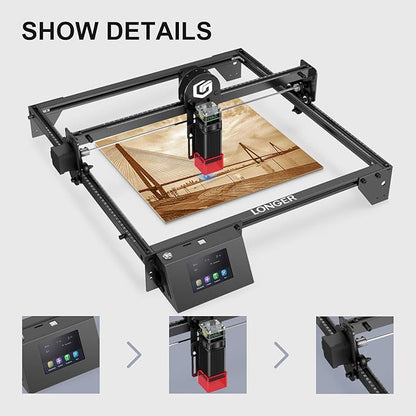 Longer Ray5 Laser Engraver, 10W Laser Cutter, 0.06 * 0.06 mm Precision Laser Engraver for Acrylic, Wood, and Metal with Emergency Stop, 3.5-inch Touch Screen for DIY