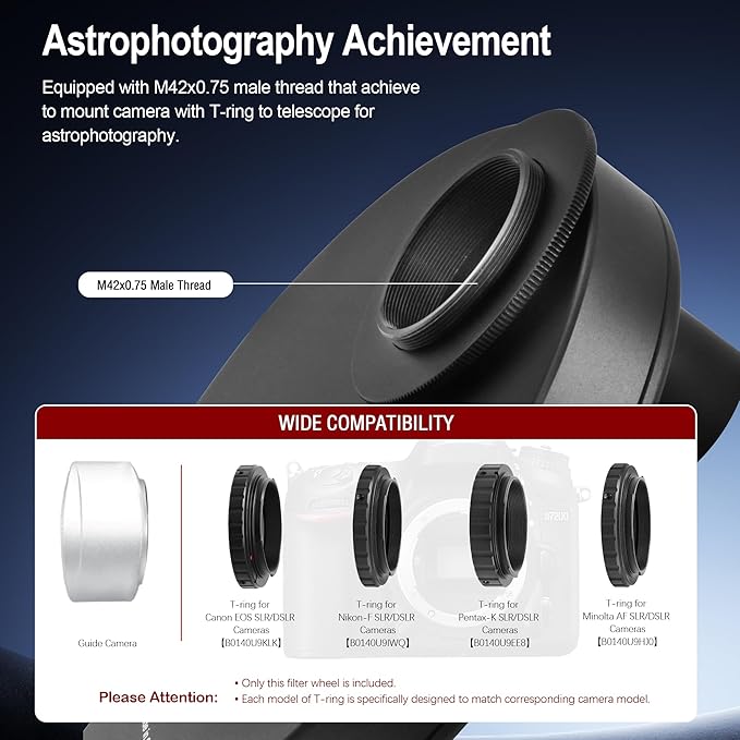 Astromania Telescope Filter Drawer, Multiple 9-Position Filter Wheel Holder for Telescope with T-Adapter, Telescope Accessories Compatible with 1.25 Inch Filters for Planetary Moon Nebula Observation