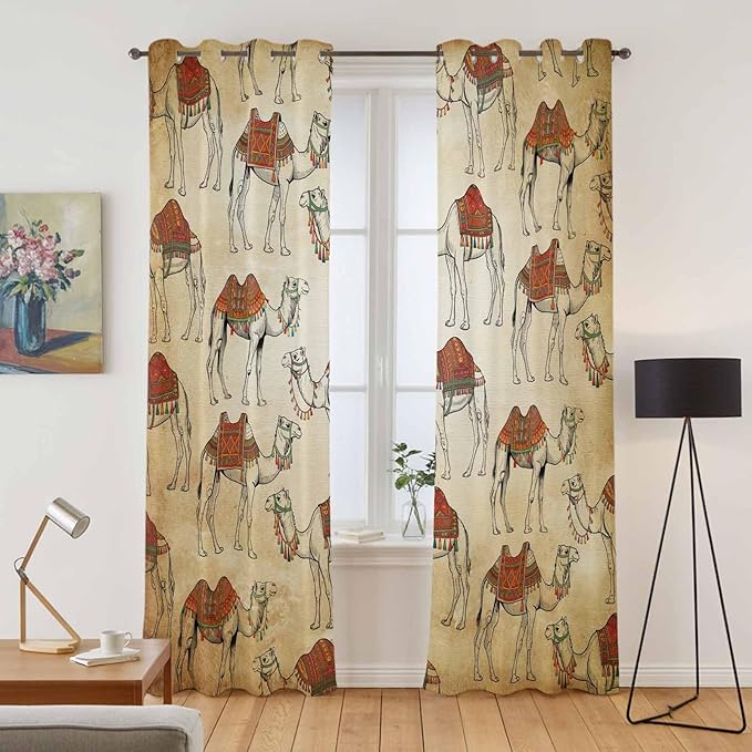2 Panel Kitchen Cafe Curtains, Desert Sand Camel Sunlight Filtering Nature Air Through, Home Decor Window Covering Tier Curtains for Living Room 104W x 90L inch Summer Tropical Animals Vintage Beige