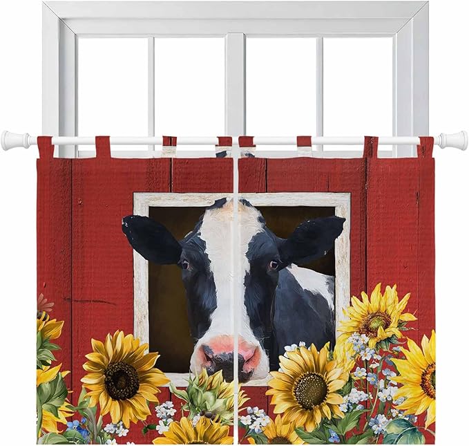 Cow Sunflowers Bedroom Curtains 63 Inch Length, Window Curtains Tab Top, Botanical Floral Leaves Bees Farm Barn Light Filtering Window Treatments Drapes 42"x63" 2 Panel