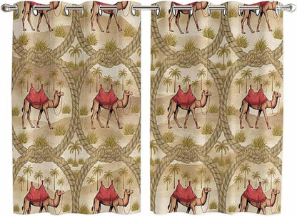 2 Panel Kitchen Cafe Curtains, Desert Camels Sunlight Filtering Nature Air Through, Home Decor Window Covering Tier Curtains for Living Room 104W x 63L inch Tropical Palm Trees Sand Cords Brown
