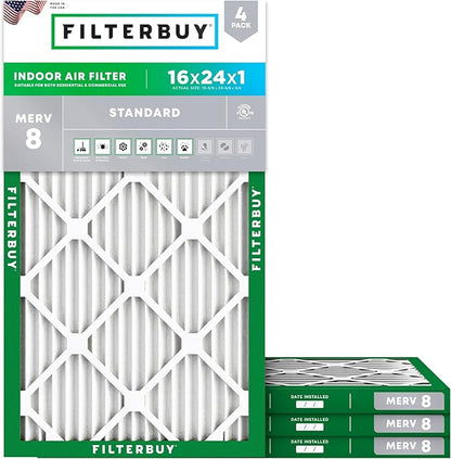 Filterbuy 16x24x1 Air Filter MERV 8 Essential Dust & Allergy Defense (4-Pack), Electrostatic Pleated HVAC AC Furnace Filters Replacement, Made in USA (Actual Size: 15.38 x 23.38 x 0.75)