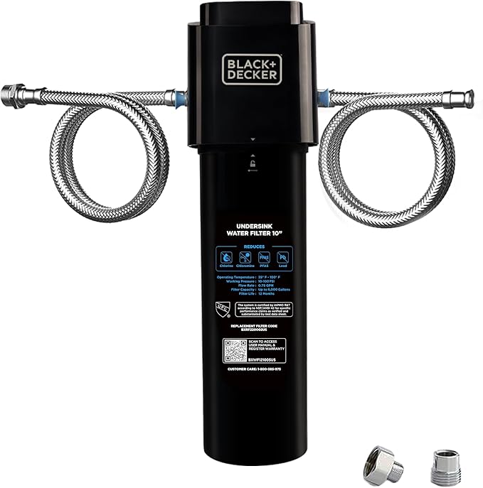 BLACK+DECKER Undersink Water Filter 10’’ | Reduces CHLORAMINE,Chlorine, Lead, PFAS, Bad Taste, Odor | Under Counter Water Filter Direct Connect to Kitchen Faucet | NSF/ANSI 42 Certified | 1 year