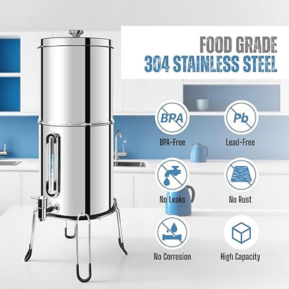 SINCHO 2.25G Gravity Water Filter with Level Window – 3-Stage Stainless Steel System, 2 Washable Ceramic Filters, No Electricity Needed