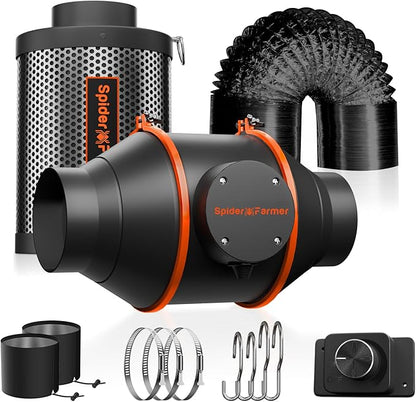 Spider Farmer Air Filtration Kit 4 Inch, Inline Duct Fan with RJ12 Speed Humidity Controller, Carbon Filter Combo, 13 Ft Ducting, Ventilation System Kit for Grow Tents, Hydroponics, Indoor Gardening