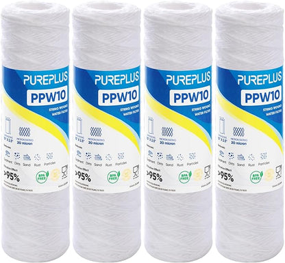 PUREPLUS 20 Micron 10"x2.5" Whole House String Wound Sediment Filter for Well Water, Replacement Cartridge for Universal 10 inch RO System, WP-5, Aqua-Pure AP110, CFS110, Culligan P5,WFPFC4002, 4Pack