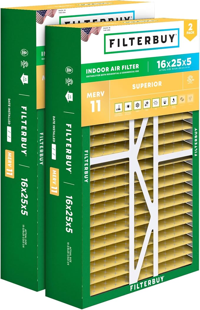 Filterbuy 16x25x5 Air Filter MERV 11 Superior Pet & Allergy Defense (2-Pack), Pleated HVAC AC Furnace Filters for Amana, Coleman, Goodman, Maytag, York, and More (Actual Size: 15.38 x 25.50 x 5.25)