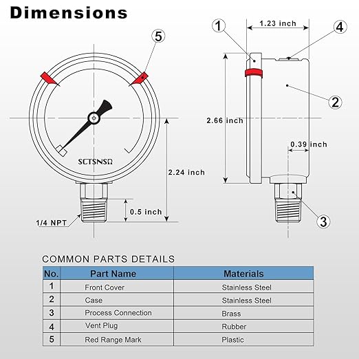 0 to 60 Psi Pressure Gauge, Glycerin Liquid Filled, 2.5 inch Dial, 1/4" NPT Lower Mount, Stainless Steel Case, for Pool Sand Filter, Water Pump, Propane, Coolant, CO2, Gas, Low Pressure Test