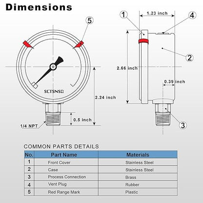 0 to 15 Psi Pressure Gauge, Glycerin Liquid Filled, 2.5 inch Dial, 1/4" NPT Lower Mount, Stainless Steel Case, for ATV Tire, HVAC Pipe, Well Tank, Fuel, Coolant, Nitrogen, Low Pressure Test