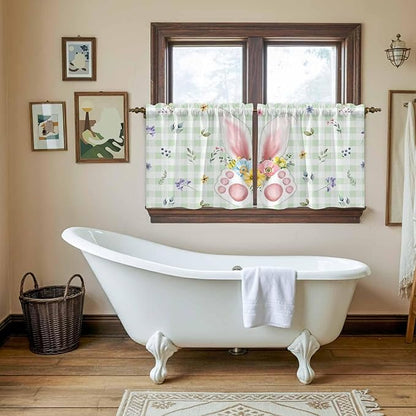 Easter Kitchen Tier Curtains 36 Inch Long 2 Panel Set,Rod Pocket Half Window Curtains Over Sink,Spring Bunny Ears Feet Flowers Green Plaid Light Filtering Short Drapes for Bathroom Cafe 27.5"W x 36"L