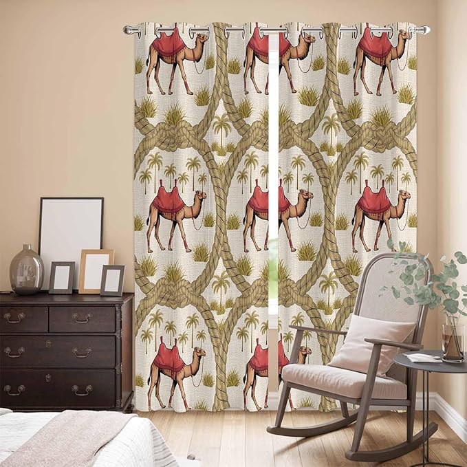 2 Panel Kitchen Cafe Curtains, Camels Palm Trees Sunlight Filtering Nature Air Through, Window Decor Tier Curtains for Living Room 104W x 96L inch Desert Date Coconut Trees Leaves Cords Beige