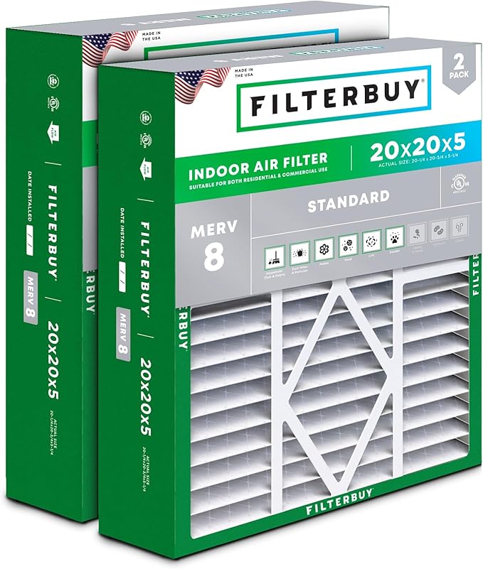 Filterbuy 20x20x5 Air Filter MERV 8 Essential Dust & Allergy Defense (2-Pack), Pleated HVAC AC Furnace Filters for Amana, Coleman, Goodman, Maytag, York, and More (Actual Size: 20.25 x 20.75 x 5.25)
