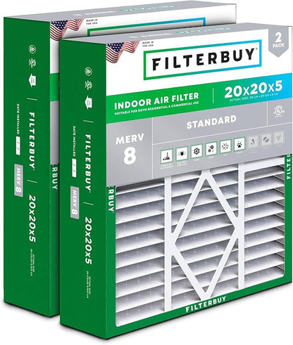 Filterbuy 20x20x5 Air Filter MERV 8 Essential Dust & Allergy Defense (2-Pack), Pleated HVAC AC Furnace Filters for Amana, Coleman, Goodman, Maytag, York, and More (Actual Size: 20.25 x 20.75 x 5.25)