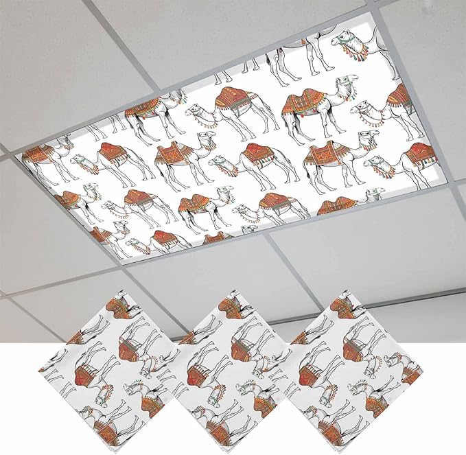 3 Pack Fluorescent Light Cover, Sand Camel Light Covers for Ceiling Lights, Vintage Farmhouse Desert Animals Camel Magnetic Lights Filters Ceiling Shade for Classroom/Office - 4 x 2 Feet