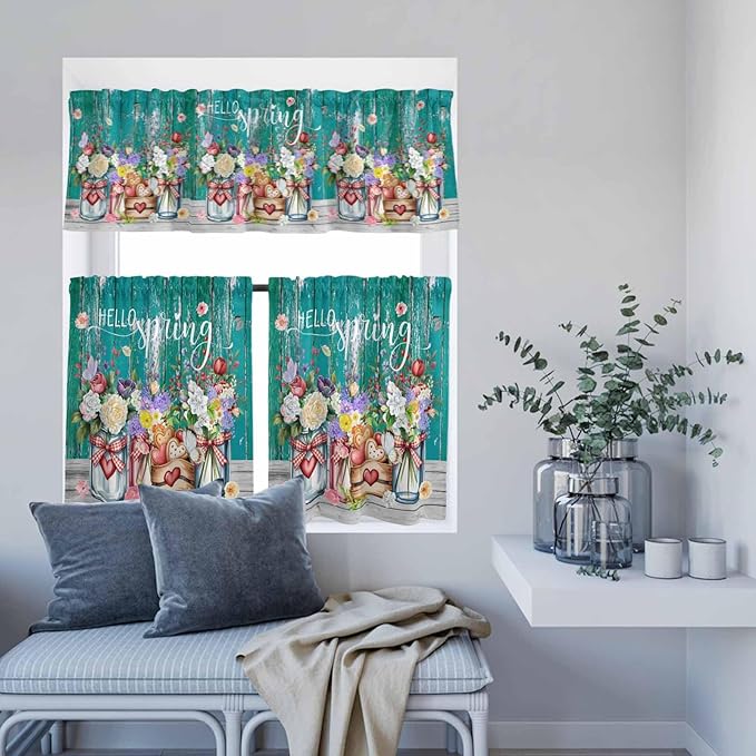Spring Flowers Kitchen Curtain Set, Farmhouse Watercolor Teal Wood Grain Window Valance and Tiers 36" Length, Light Filtering Short Curtains Valance for Cafe Bathroom Bedroom 54"x18"