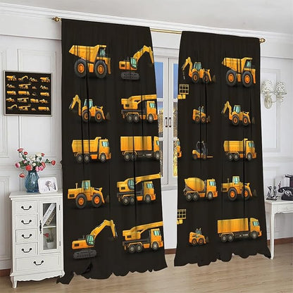 Kids Construction Window Curtains, Construction Machinery Equipment Mode of Transport Bulldozer Tractor Windows Curtain for Children Teens Room Decor 63x72in (30% Blackout)