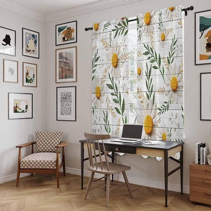Spring Daisy Kitchen Curtains, Farmhouse Country Flower Leaf Plant Wood Grain Light Filtering Window Curtain Panels, 2Pcs Rod Pocket Window Treatments Set for Living Room Bathroom Bedroom 52x72 Inches