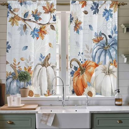 Fall Blue Maple Window Curtains 63 Inch Long 2 Panel Set, Rod Pocket Bedroom Curtains & Drapes, Thanksgiving Pumpkins Daisy Country Leaves Light Filtering Window Treatment for Living Room 42"W x 63"L