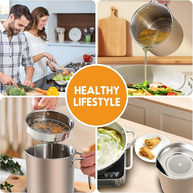 Chihee Grease Container Stainless Steel Bacon Grease Saver with Fine Mesh Strainer 2L / 67.6 fl oz Oil Container Grease Can with Dust-proof Lid Non-slip Tray for Kitchen Storing Frying Cooking Grease