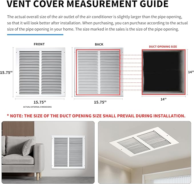 14x14 Return Air Grille(Duct Opening Size),Air Return Vent Cover,Flat Vent Cover,Rejillas De Aire Acondicionado Para Casa,Return Air Grilles,Outer Dimensions:15.75"Wx15.75"H(14"W x 14"H, Duct Opening)