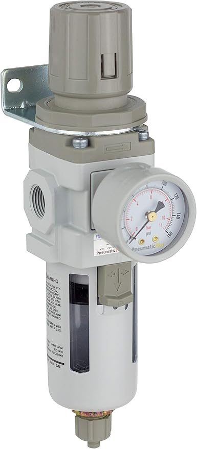 PneumaticPlus SAW300-N03BG Compressed Air Filter Regulator Piggyback Combo 3/8" NPT - Poly Bowl, Manual Drain, Bracket, Gauge
