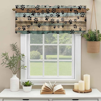 Dog Paws Valance Curtains for Kitchen, Teal Brown Wood Grain Privacy Rod Pocket Valance Curtain, Light-Filtering Window Treatment for Bedroom Bathroom, 42"x12"