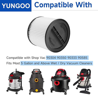 Replacement Cartridge Filter Compatible with Shop Vac 90304, 90350, 90333,90585, 2 Vacuum Filters + 2 Lids + 6 Foam Sleeve Filters Fits 5 Gallon and Above Wet/Dry Vacuum Cleaners