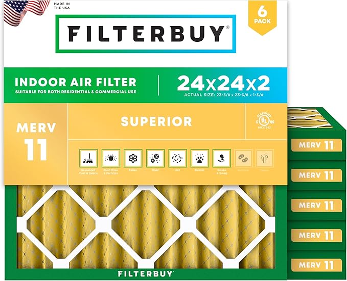 Filterbuy 24x24x2 Air Filter MERV 11 Superior Pet & Allergy Defense (6-Pack), Electrostatic Pleated HVAC AC Furnace Filters Replacement, Made in USA (Actual Size: 23.38 x 23.38 x 1.75)