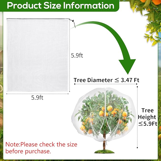 5.9 x 5.9 ft Fruit Tree Netting Cover with Zipper and Drawstring,Garden Insect Netting Plant Cover Transparent Bird Plant Barrier Flower Fruit Mesh Screen for Preventing Deer Squirrel Bug