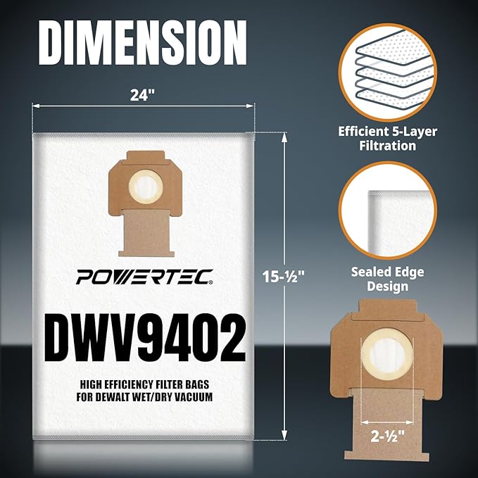 POWERTEC DWV9402 Fleece Bags for Dewalt 5PK, for Dewalt DWV010, DWV012, DWV015 8 & 10 Gallon Dust Extractor, Replacement Shop Vacuum Bags (75029)