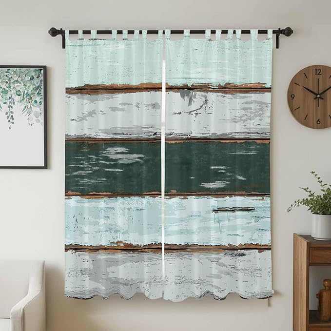Blue Teal Living Room Curtains 84 Inch Length, Window Curtains Tab Top, Vintage Wooden Retro Art Farmhouse Barns Light Filtering Window Treatments Drapes 52"x84" 2 Panel