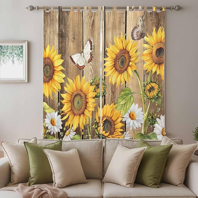Farmhouse Sunflowers Living Room Curtains 96 Inch Length, Window Curtains Tab Top, Rustic Floral Buttterfly Wood Board Brown Light Filtering Window Treatments Drapes 52"x96" 2 Panel