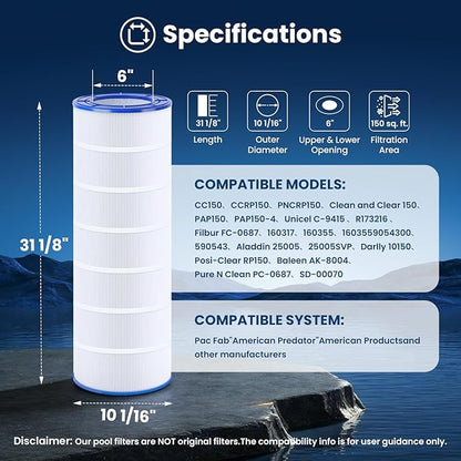 CC150 Pool Filter Cartridge Compatible with Pleatco PAP150, CCRP150, R173216, Unicel C-9415, 59054300, Filbur FC-0687, 160317, 160355, 160352, 150 sq.ft. 1 Pack
